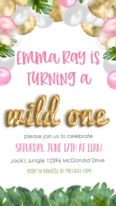 Birthday Wild One Balloon Garland Pink Text Invite: Birthday Wild One Balloon Garland Pink