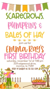 Fall Birthday Scarecrows Banner Pink Text Invite: Fall Birthday Scarecrows Banner Pink