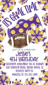 Birthday Football Game Time Purple Gold Text Invite: Birthday Football Game Time Set