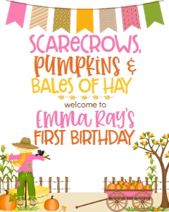 Fall Birthday Scarecrows Banner Pink Welcome Sign: Fall Birthday Scarecrows Banner Pink