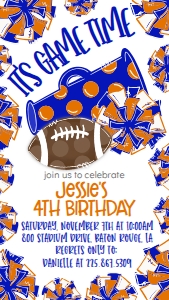 Birthday Football Game Time Blue Orange Text Invite: Birthday Football Game Time Set