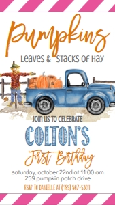 Birthday Pumpkin Light Blue Truck Leaves Hay Photo Invite Text Invite: Birthday Pumpkin Light Blue Truck Leaves Hay Photo Invite