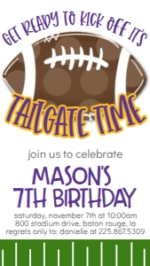 Birthday Tailgate Time Purple Gold Text Invite: Birthday Tailgate Time Purple Gold