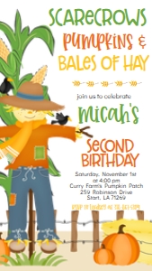 Fall Birthday Corn Maze Scarecrow Pumpkins Hay Blue Text Invite: Fall Birthday Corn Maze Scarecrow Pumpkins Hay Blue