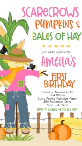 Fall Birthday Corn Maze Scarecrow Pumpkins Hay Pink Text Invite: Fall Birthday Fall Birthday Corn Maze Scarecrow Pumpkins Hay PinkScarecrow Pumpkins Hay Pink