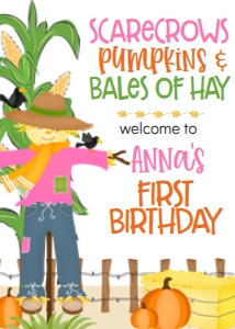 Fall Birthday Corn Maze Scarecrow Pumpkins Hay Pink Welcome Sign 8x10: Fall Birthday Fall Birthday Corn Maze Scarecrow Pumpkins Hay PinkScarecrow Pumpkins Hay Pink