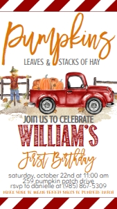 Red Truck Leaves and Hay Text Invitation: Birthday Red Truck Pumpkin