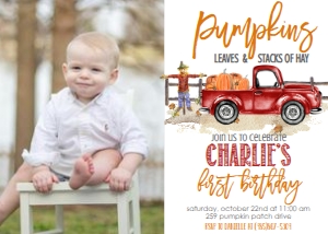 Birthday Red Truck Pumpkin Photo Invite: Birthday Red Truck Pumpkin
