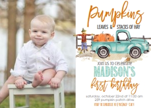 Birthday Pumpkin Truck Mint Photo Invite: Birthday Pumpkin Truck Mint