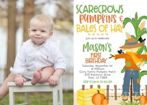 Fall Birthday Corn Maze Scarecrow Pumpkins Hay Blue Photo Invite: Fall Birthday Corn Maze Scarecrow Pumpkins Hay Blue