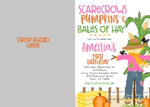 Fall Birthday Corn Maze Scarecrow Pumpkins Hay Pink Photo Invite: Fall Birthday Fall Birthday Corn Maze Scarecrow Pumpkins Hay PinkScarecrow Pumpkins Hay Pink