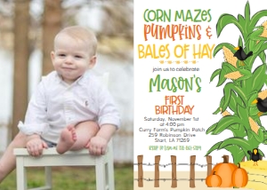 Birthday Fall Corn Maze Pumpkins Hay Photo Invite: Birthday Fall Corn Maze Pumpkins Hay