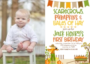 Fall Birthday Scarecrows Banner Photo Invite: Fall Birthday Scarecrows Banner