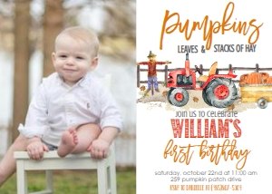 Fall Red Tractor Pumpkin Birthday Photo Invite: Fall Red Tractor Pumpkin Birthday