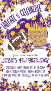 Birthday Football Game Time Purple Gold Cake Text Invite: Birthday Football Game Time Purple Gold Cake