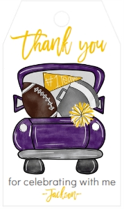 Birthday Football Purple Gold Truck Favor Tag: Birthday Football Purple Gold Truck