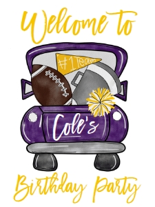 Birthday Football Truck Welcome Sign Purple Gold: Birthday Football Purple Gold Truck