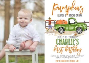 Birthday Pumpkin Truck Sage Green Photo Invite: Birthday Pumpkin Truck Sage Green Invite
