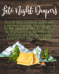 Baby Shower Adventure Mountain Camping Late Night Diapers Sign 8x10: Baby Shower Adventure Mountain Camping Welcome Sign