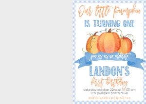 Blue Gingham Pumpkin First Birthday Photo Invite: Blue Gingham Pumpkin First Birthday