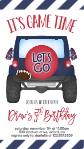 Birthday Football Jeep Navy Red Text Invite: Birthday Football Jeep Navy Red