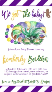 Mardi Gras Baby Shower King Cake Brown Text Invite: Mardi Gras Baby Shower King Cake