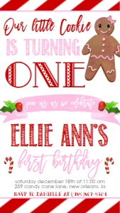Christmas Cookie First Birthday girl Text Invite: Christmas Cookie First Birthday Girl