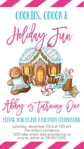 Christmas Birthday Cookies Cocoa Gingerbread girl Text Invite: Christmas Birthday Cookies Cocoa Gingerbread girl