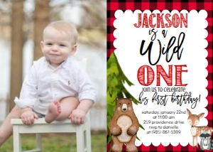 Birthday Woodland Wild One Plaid Photo Invite: Birthday Woodland Wild One Plaid