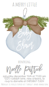 Baby Shower Christmas Burlap Blue Ornament Text Invite: Baby Shower Christmas Burlap Blue Ornament Invitation