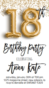 Birthday Foil Balloon Gold 18 Text Invite: Birthday Foil Balloon Gold 18
