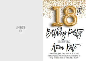 Birthday Foil Balloon Gold 18 Photo Invite: Birthday Foil Balloon Gold 18