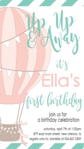 Birthday Hot Air Balloon Pink Aqua Text Invite: Birthday Hot Air Balloon Pink Aqua