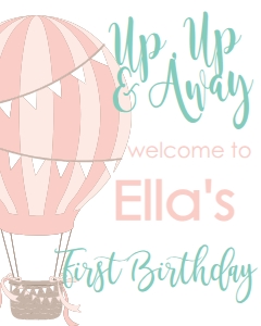 Birthday Hot Air Balloon Pink Aqua Welcome Sign: Birthday Hot Air Balloon Pink Aqua