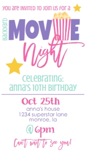 Birthday Movie Night Pink Text Invite: Birthday Movie Night Pink