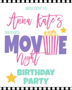 Birthday Movie Night Pink Welcome Sign: Birthday Movie Night Pink