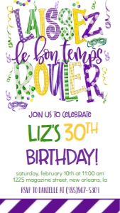 Mardi Gras Laissez Birthday Text Invite: Mardi Gras Laissez Birthday Invite