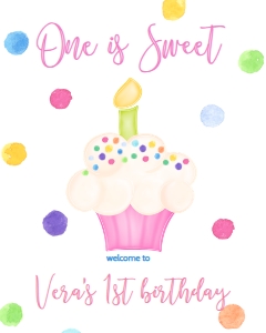 Birthday Cupcake One is Sweet Pink Welcome Sign 8x10: Birthday Cupcake One is Sweet Pink