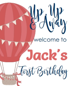 Birthday Hot Air Balloon Red Navy Welcome Sign: Birthday Hot Air Balloon Red Navy