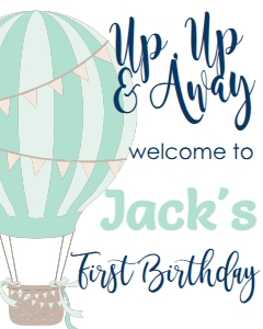 Birthday Hot Air Balloon Aqua Navy Welcome Sign: Birthday Hot Air Balloon Aqua Navy
