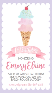 Birthday Ice Cream Cone Purple Scallop Text Invite: Birthday Ice Cream Cone Purple Scallop