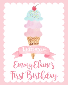 Birthday Ice Cream Cone Purple Scallop Welcome Sign: Birthday Ice Cream Cone Purple Scallop