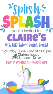 Birthday Unicorn Pool Party Text Invite: Birthday Unicorn Pool Party