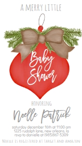 Baby Shower Christmas Burlap Red Ornament Text Invite: Baby Shower Christmas Burlap Red Ornament Invitation