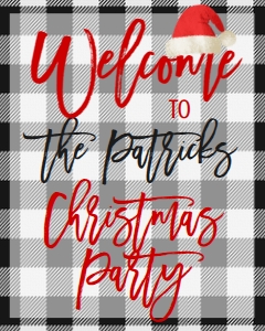 Christmas Party Buffalo Plaid Santa Hat Welcome Sign 8x10: Christmas Party Buffalo Plaid Santa Hat Invitation