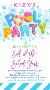 Birthday School Pool Party Purple Text Invite: Birthday School Pool Party Purple