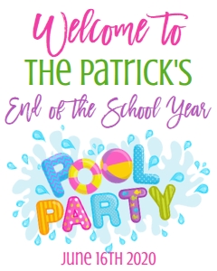 Birthday School Pool Party Purple Welcome Sign 8x10: Birthday School Pool Party Purple