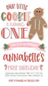 Birthday Christmas Cookie First Birthday Invitation Girl new Text Invite: Birthday Christmas Cookie First Birthday Invitation Girl new