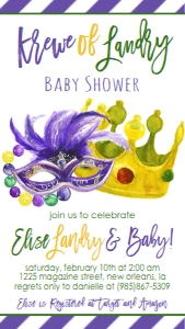 Mardi Gras Krewe Baby Shower Text Invite: Mardi Gras Krewe Baby Shower
