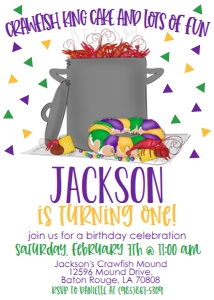 Mardi Gras Crawfish King Cake Birthday Invitation: Mardi Gras Crawfish King Cake Birthday Invitation